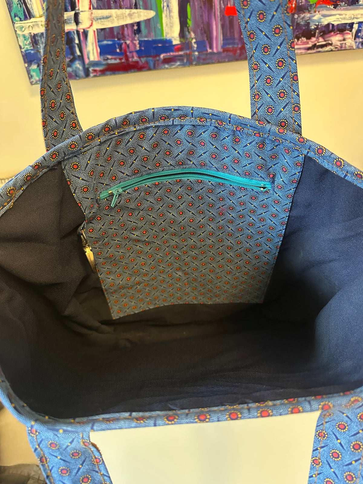 Besisi Distressed Brown Leather Tote Bag with Blue Geometric Trim