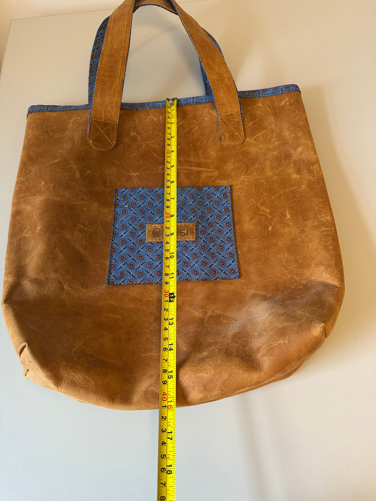 Besisi Distressed Brown Leather Tote Bag with Blue Geometric Trim