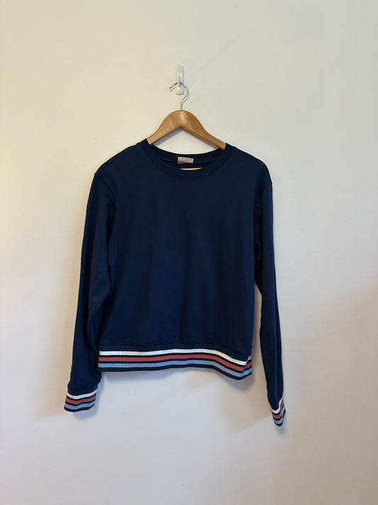 LAKE Navy Blue Striped Trim Cotton Fleece Sweatshirt | Size Small