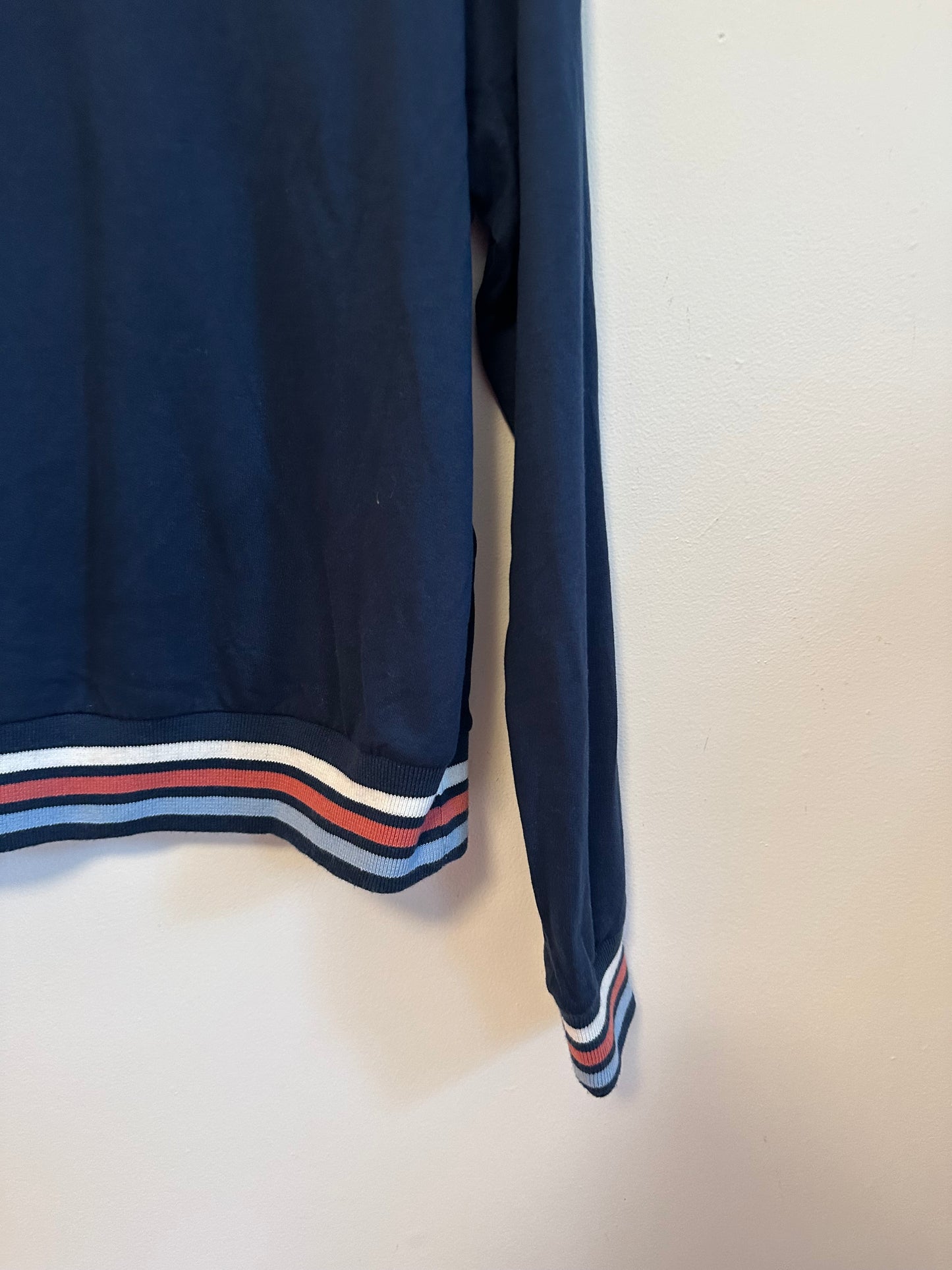 LAKE Navy Blue Striped Trim Cotton Fleece Sweatshirt | Size Small