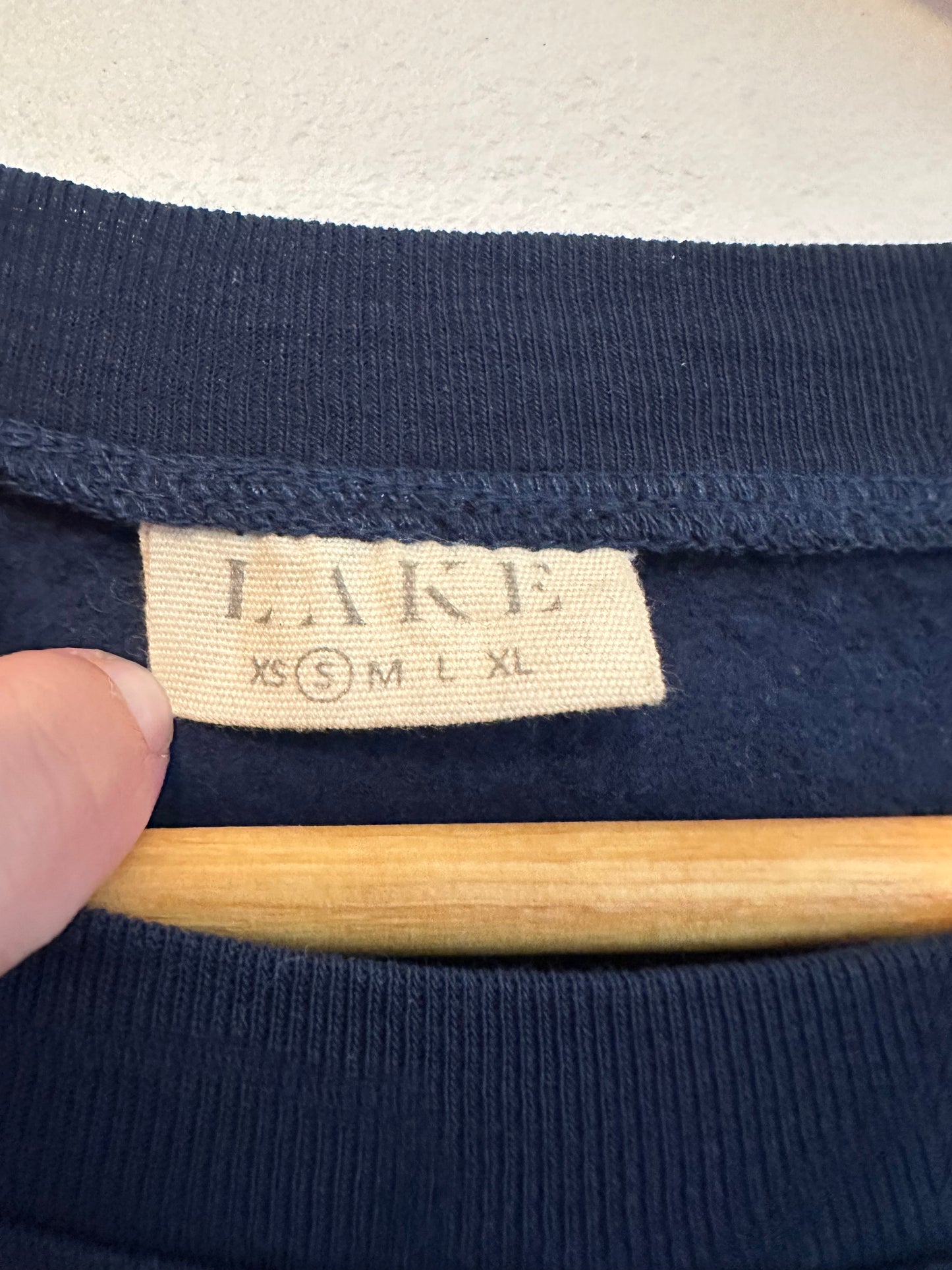 LAKE Navy Blue Striped Trim Cotton Fleece Sweatshirt | Size Small