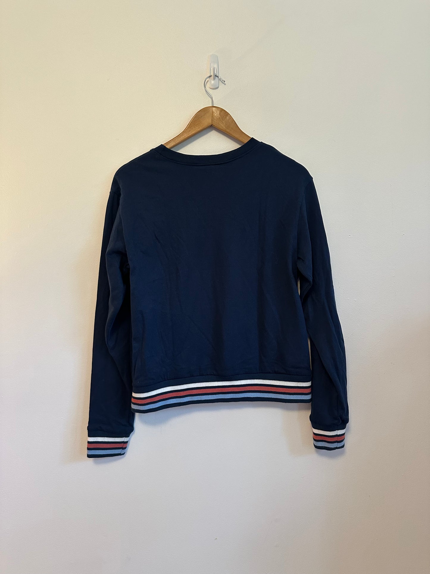 LAKE Navy Blue Striped Trim Cotton Fleece Sweatshirt | Size Small