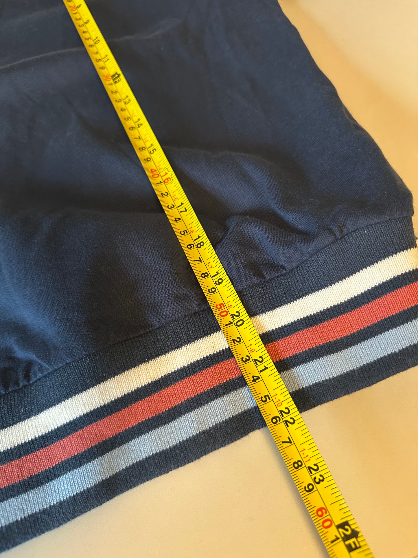 LAKE Navy Blue Striped Trim Cotton Fleece Sweatshirt | Size Small