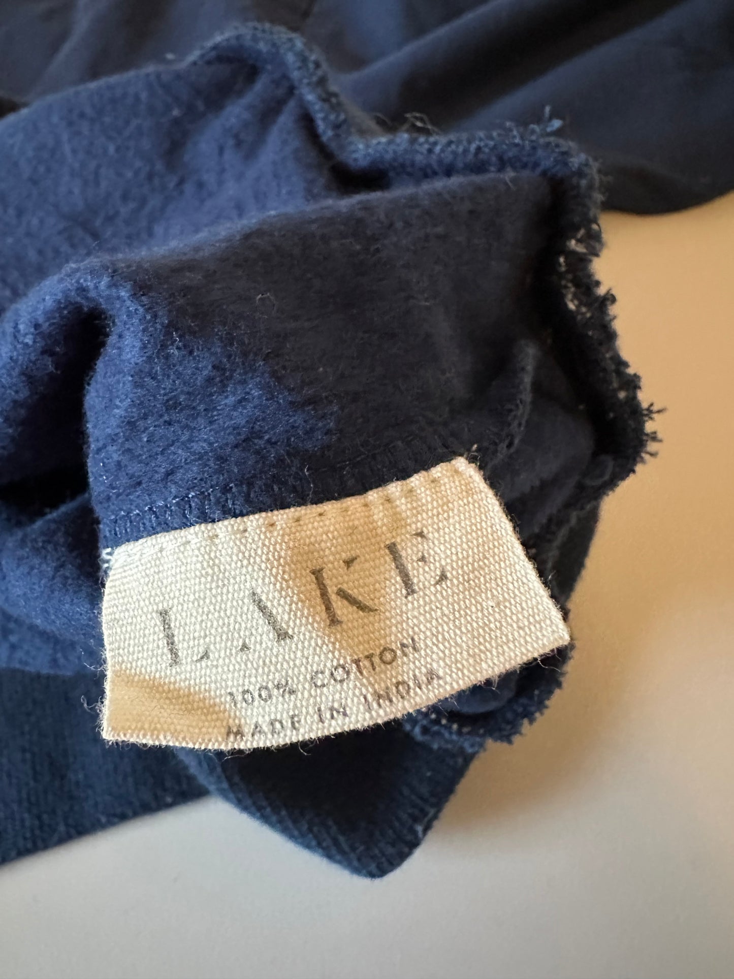 LAKE Navy Blue Striped Trim Cotton Fleece Sweatshirt | Size Small