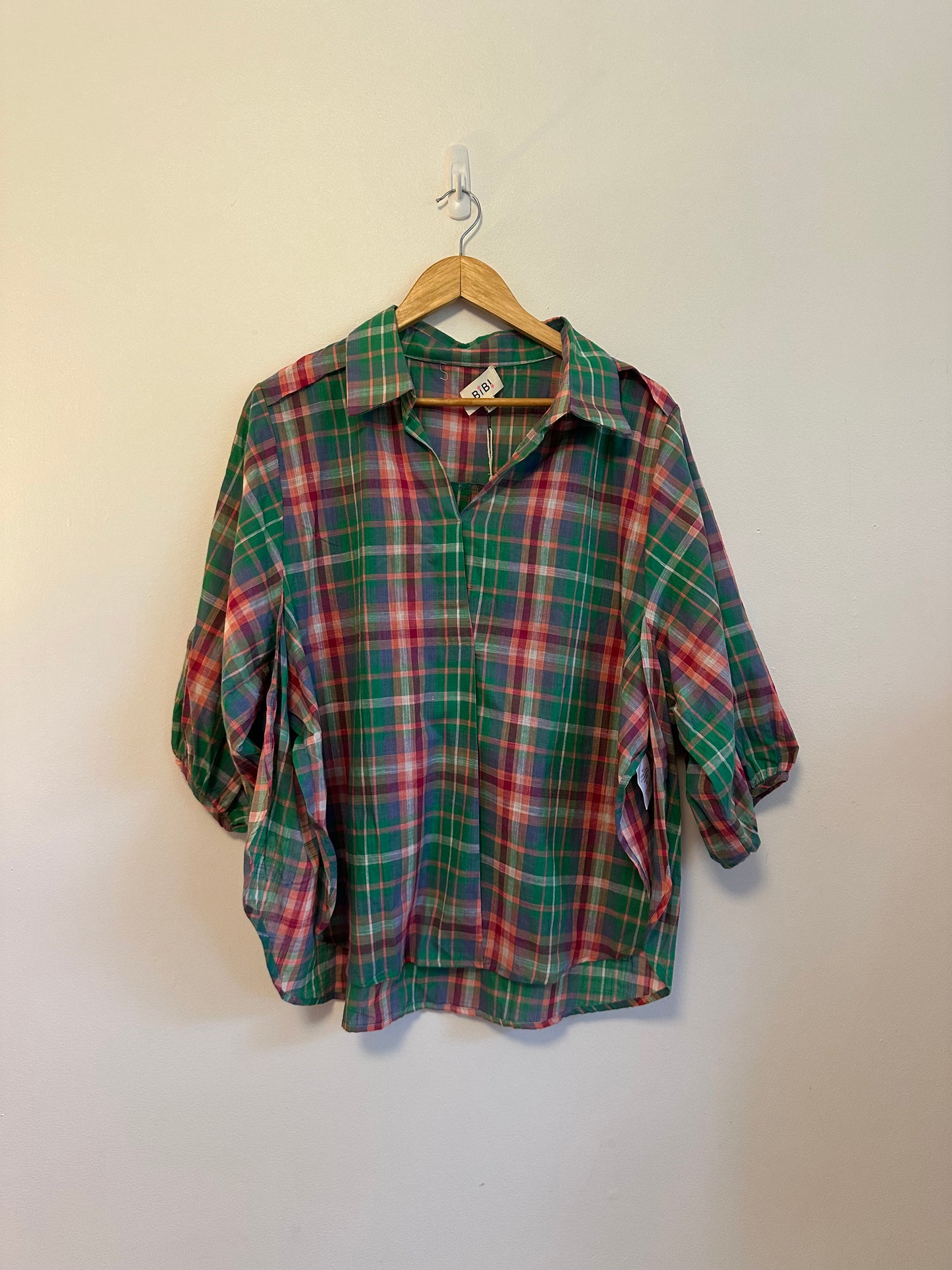 NWT BiBi Plaid V-Neck Oversized Top in Green and Pink  Cotton | Size Medium