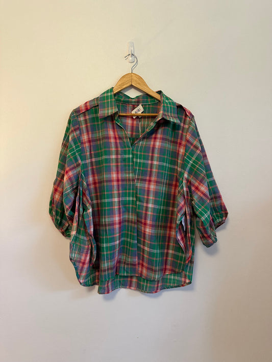 NWT BiBi Plaid V-Neck Oversized Top in Green and Pink  Cotton | Size Medium