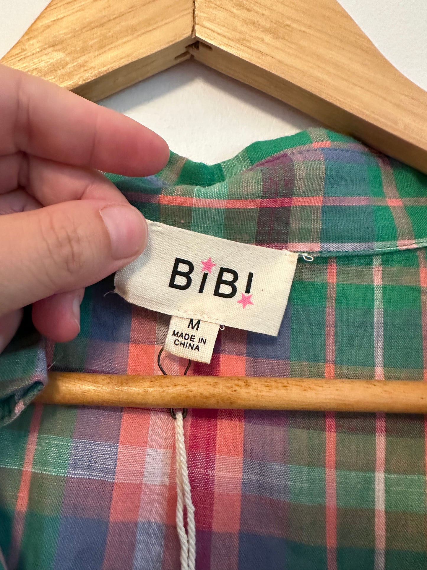 NWT BiBi Plaid V-Neck Oversized Top in Green and Pink  Cotton | Size Medium