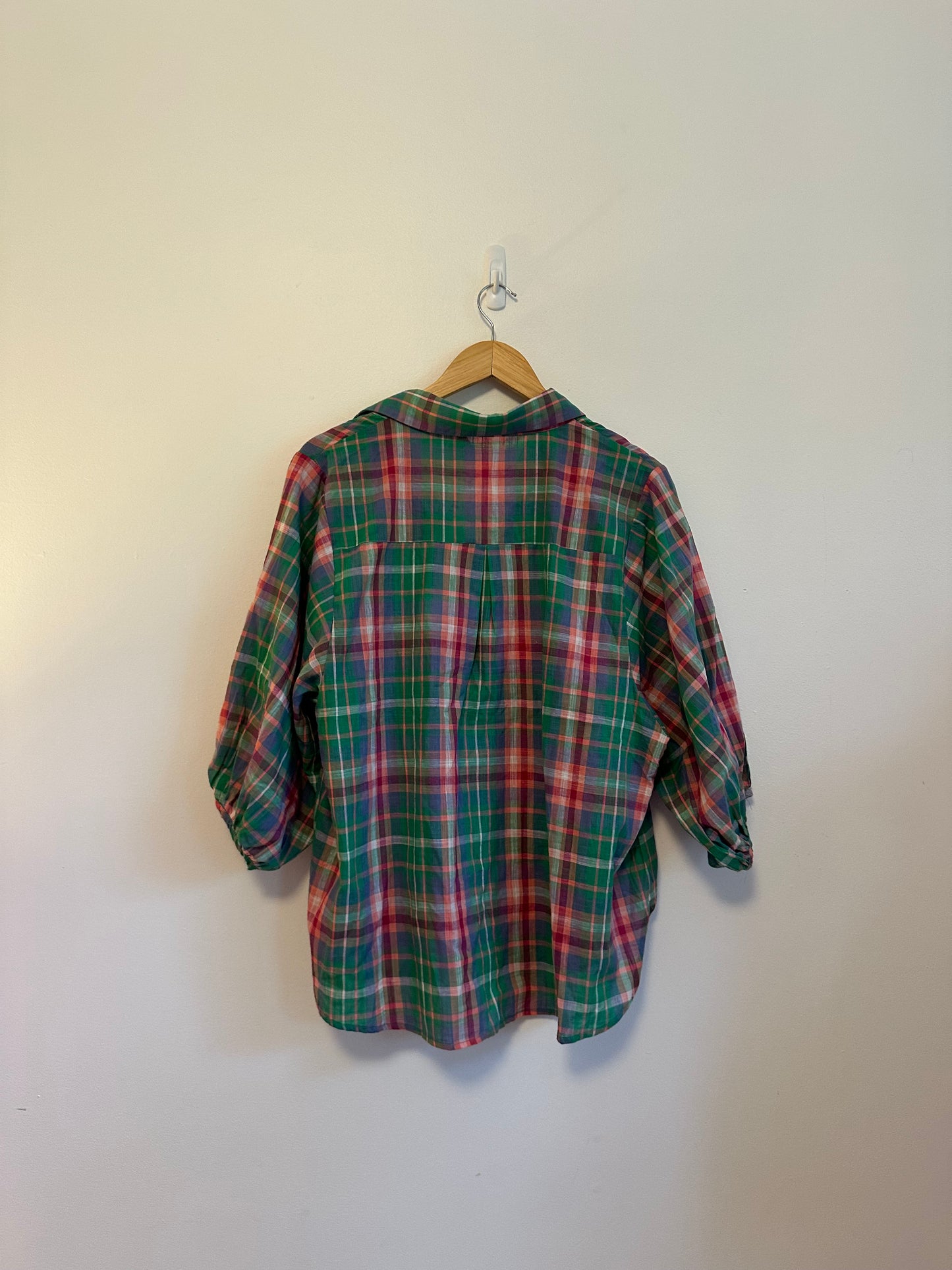 NWT BiBi Plaid V-Neck Oversized Top in Green and Pink  Cotton | Size Medium