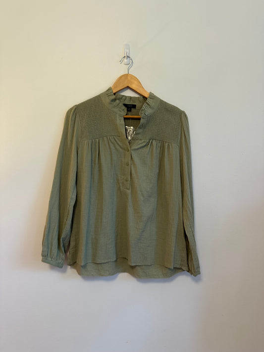 J. Crew Smocked Yoke Cotton Gauze Ruffle Neck Blouse in Olive Green | Size Small