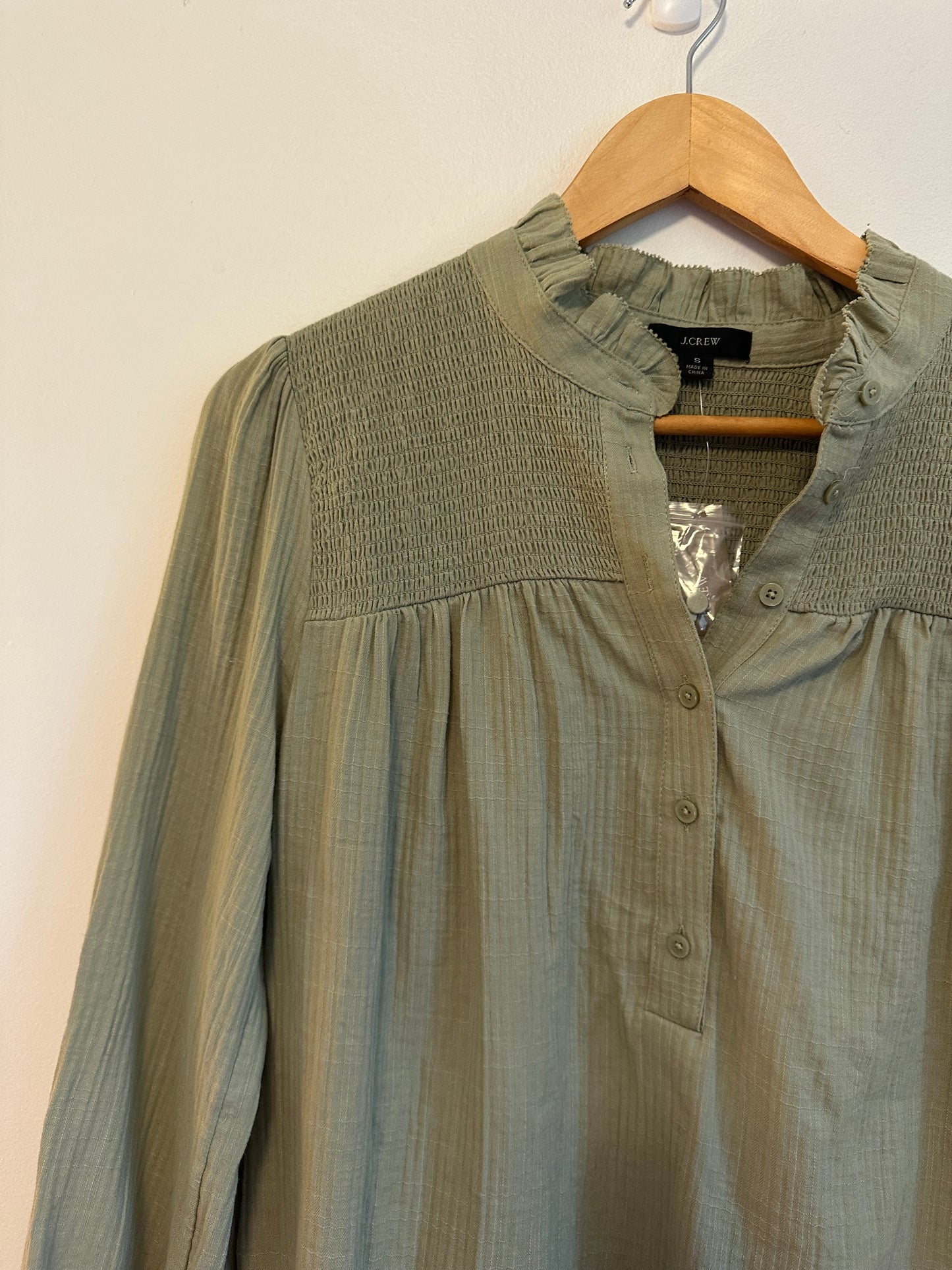 J. Crew Smocked Yoke Cotton Gauze Ruffle Neck Blouse in Olive Green | Size Small