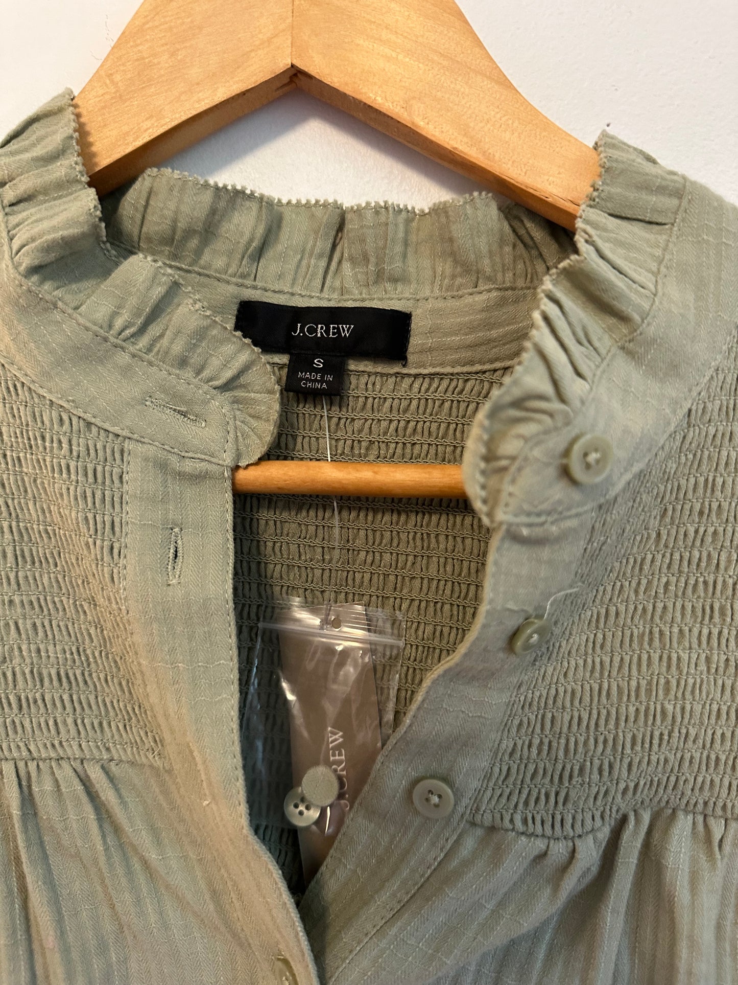 J. Crew Smocked Yoke Cotton Gauze Ruffle Neck Blouse in Olive Green | Size Small