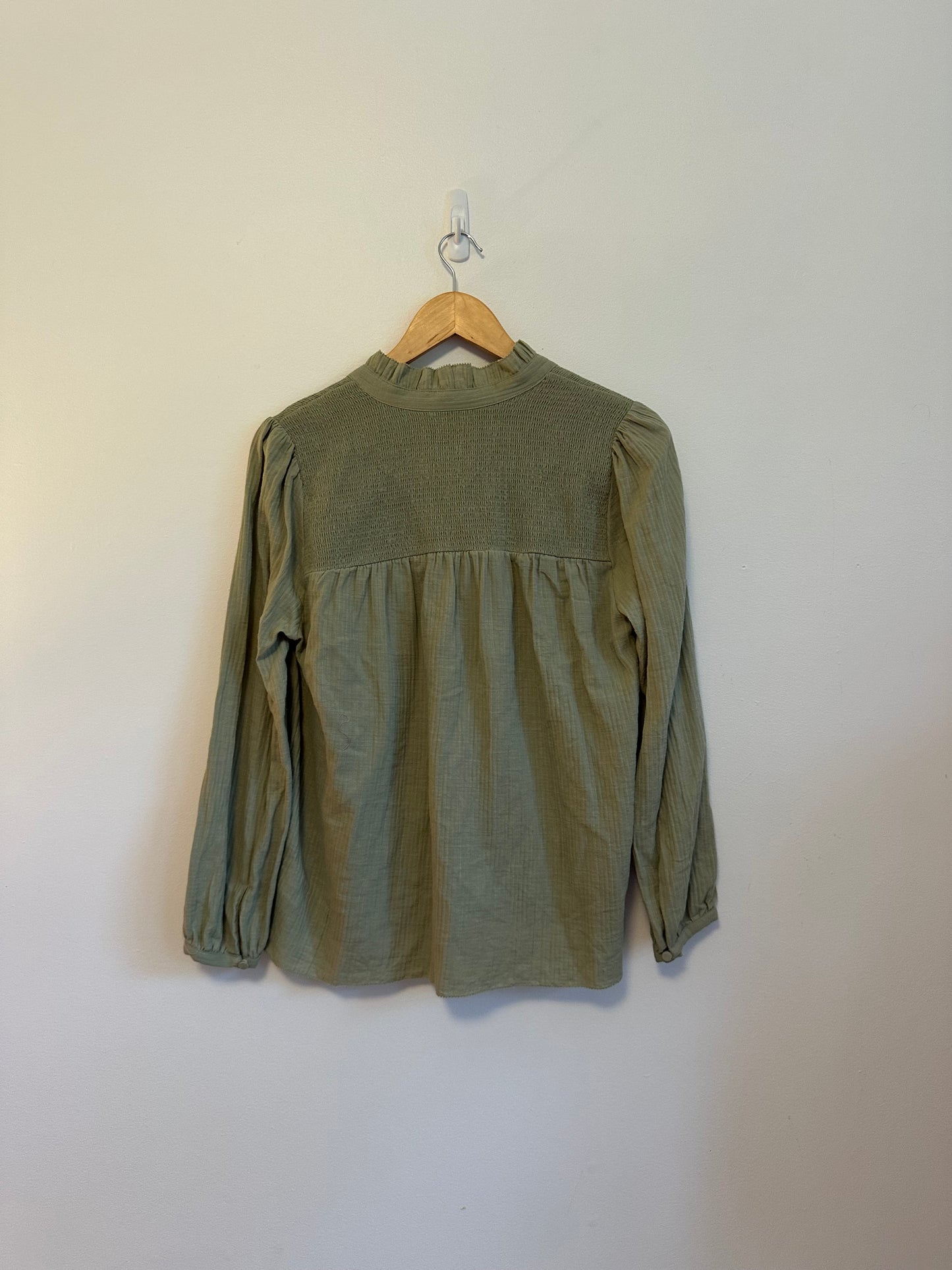 J. Crew Smocked Yoke Cotton Gauze Ruffle Neck Blouse in Olive Green | Size Small