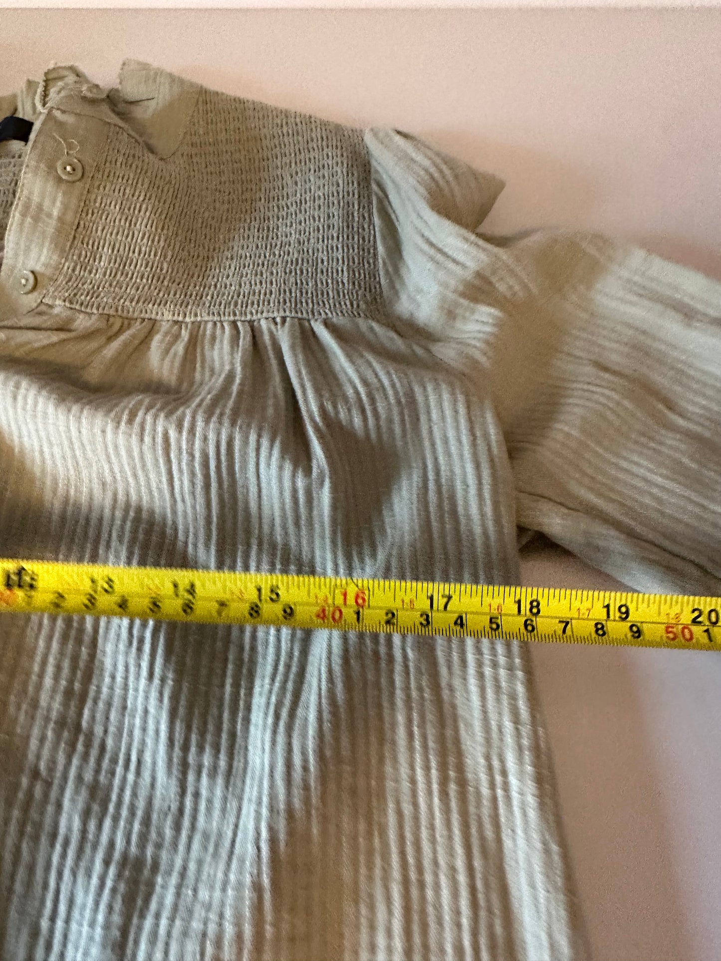 J. Crew Smocked Yoke Cotton Gauze Ruffle Neck Blouse in Olive Green | Size Small