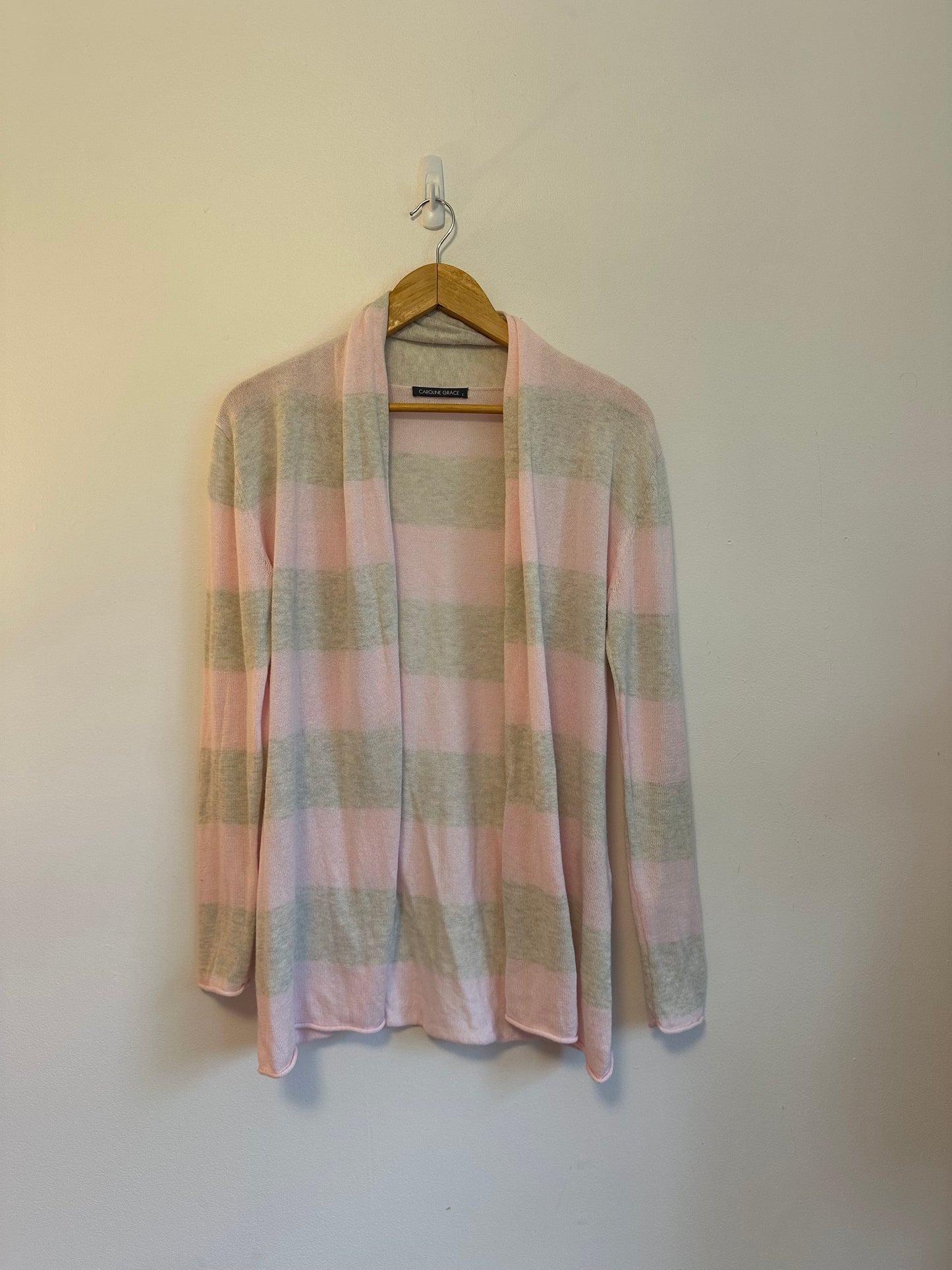 Caroline Grace Pink and Gray Striped Cotton Cashmere Open Front Cardigan | Size Small
