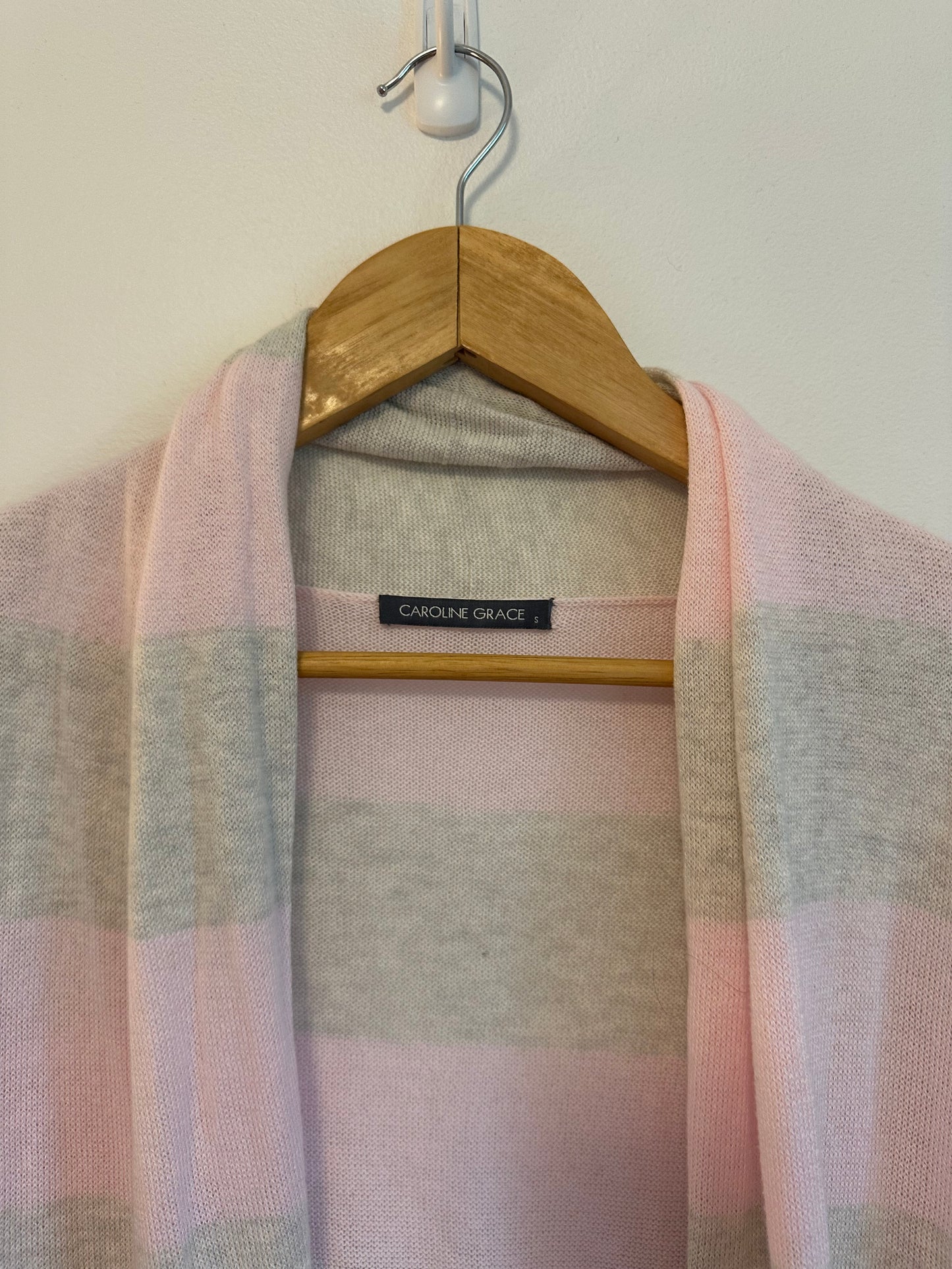 Caroline Grace Pink and Gray Striped Cotton Cashmere Open Front Cardigan | Size Small