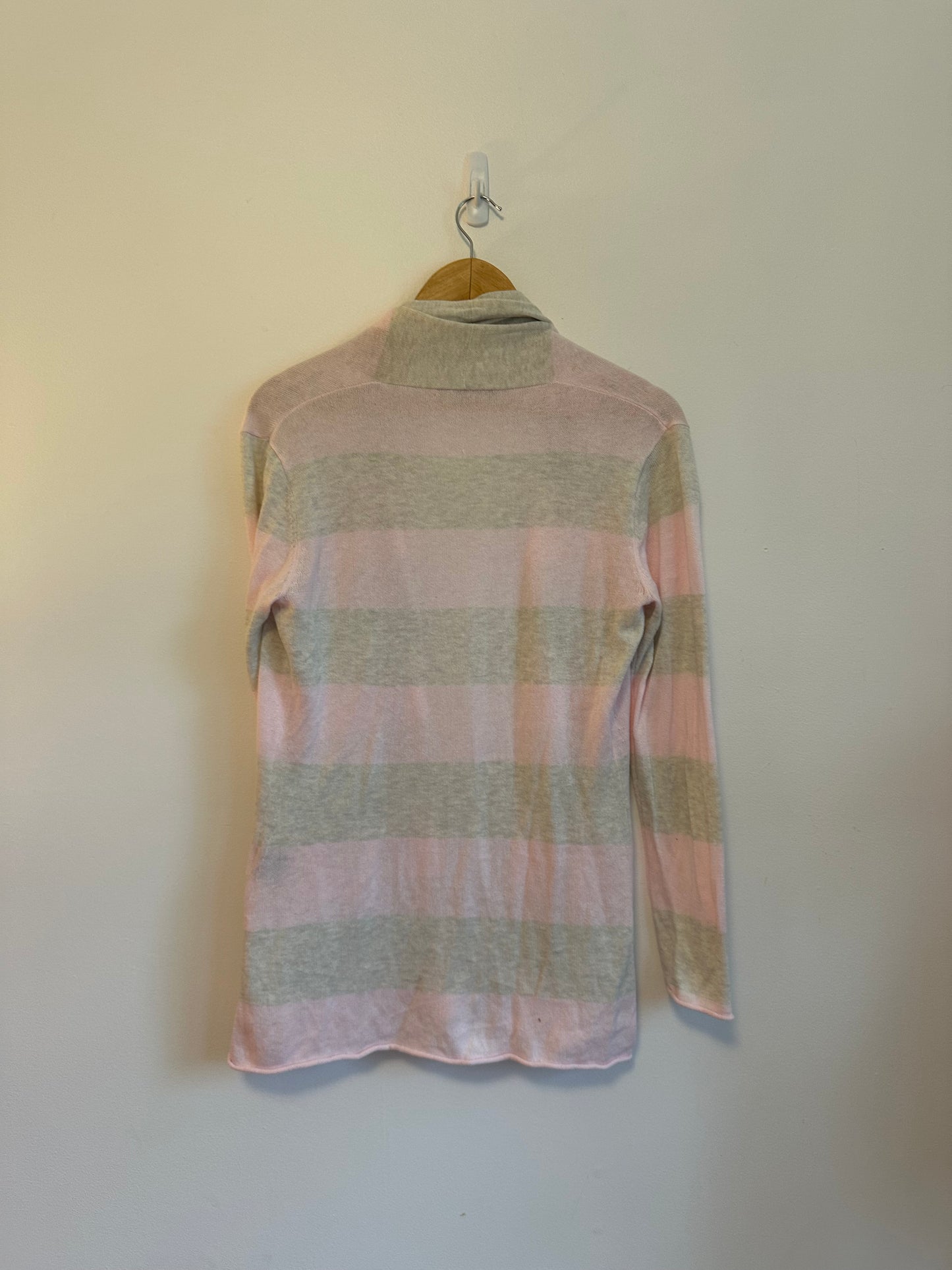 Caroline Grace Pink and Gray Striped Cotton Cashmere Open Front Cardigan | Size Small