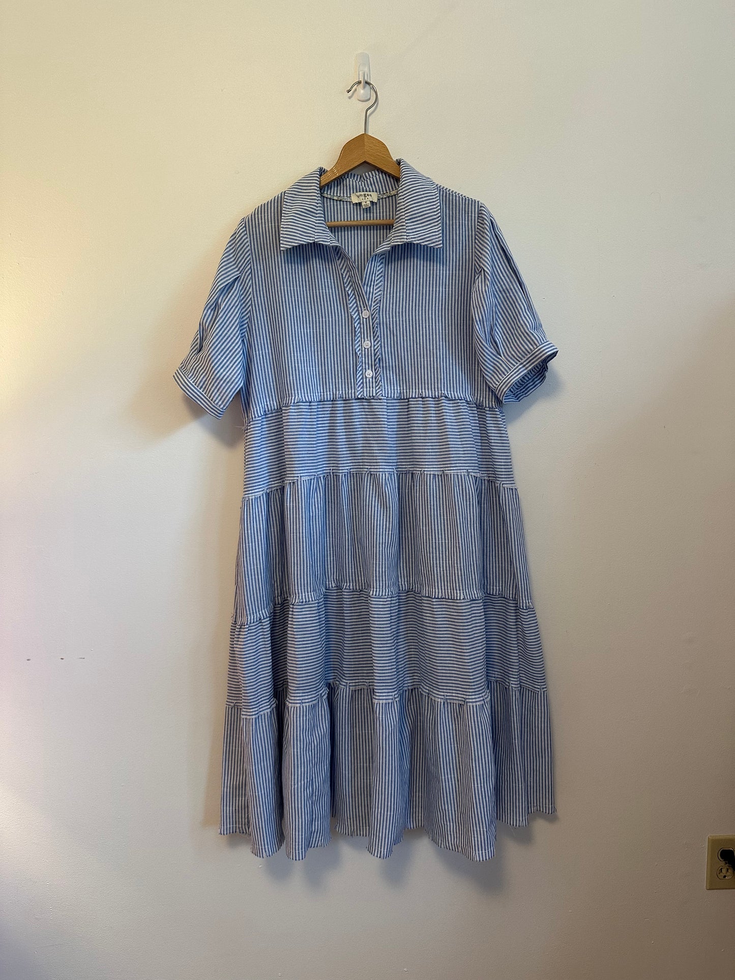 Umgee Blue and White Striped Tiered Short Sleeve Midi Dress | Size Medium