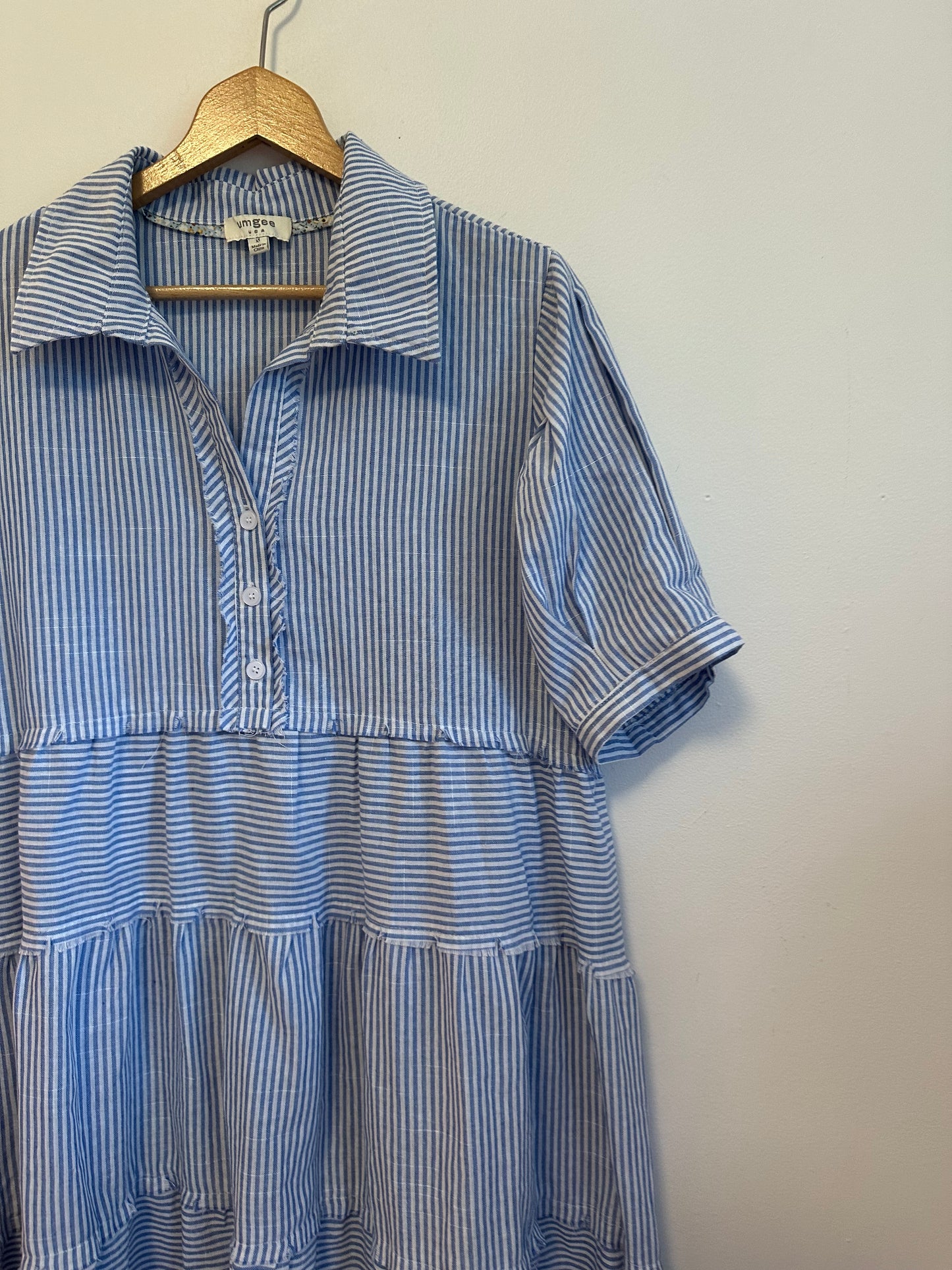 Umgee Blue and White Striped Tiered Short Sleeve Midi Dress | Size Medium