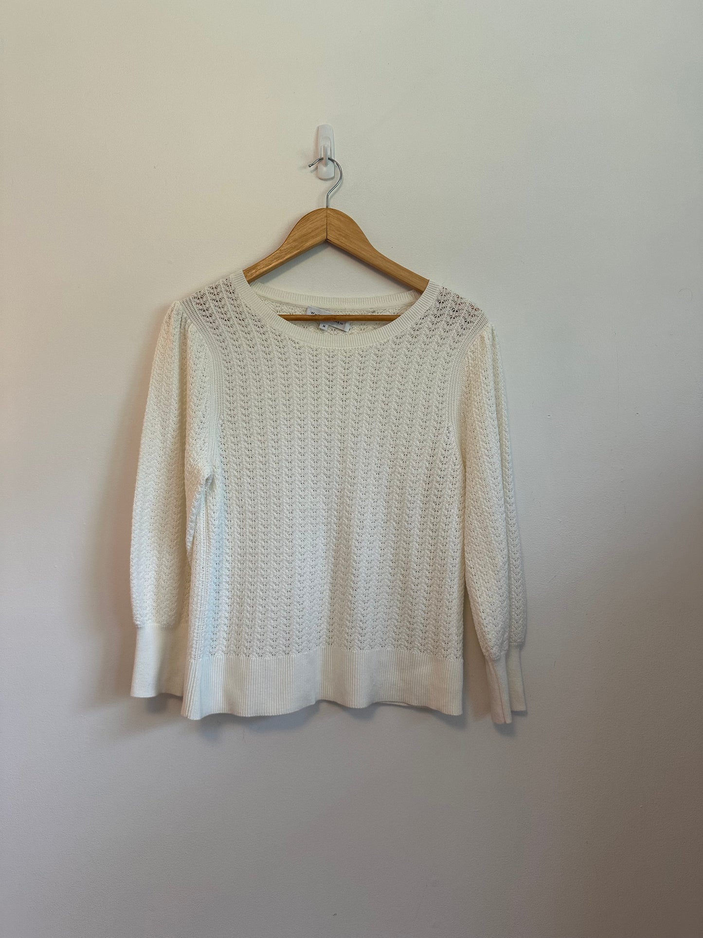 White + Warren Cream Pointelle Knit Cotton Blend Puff Sleeve Sweater | Size Medium
