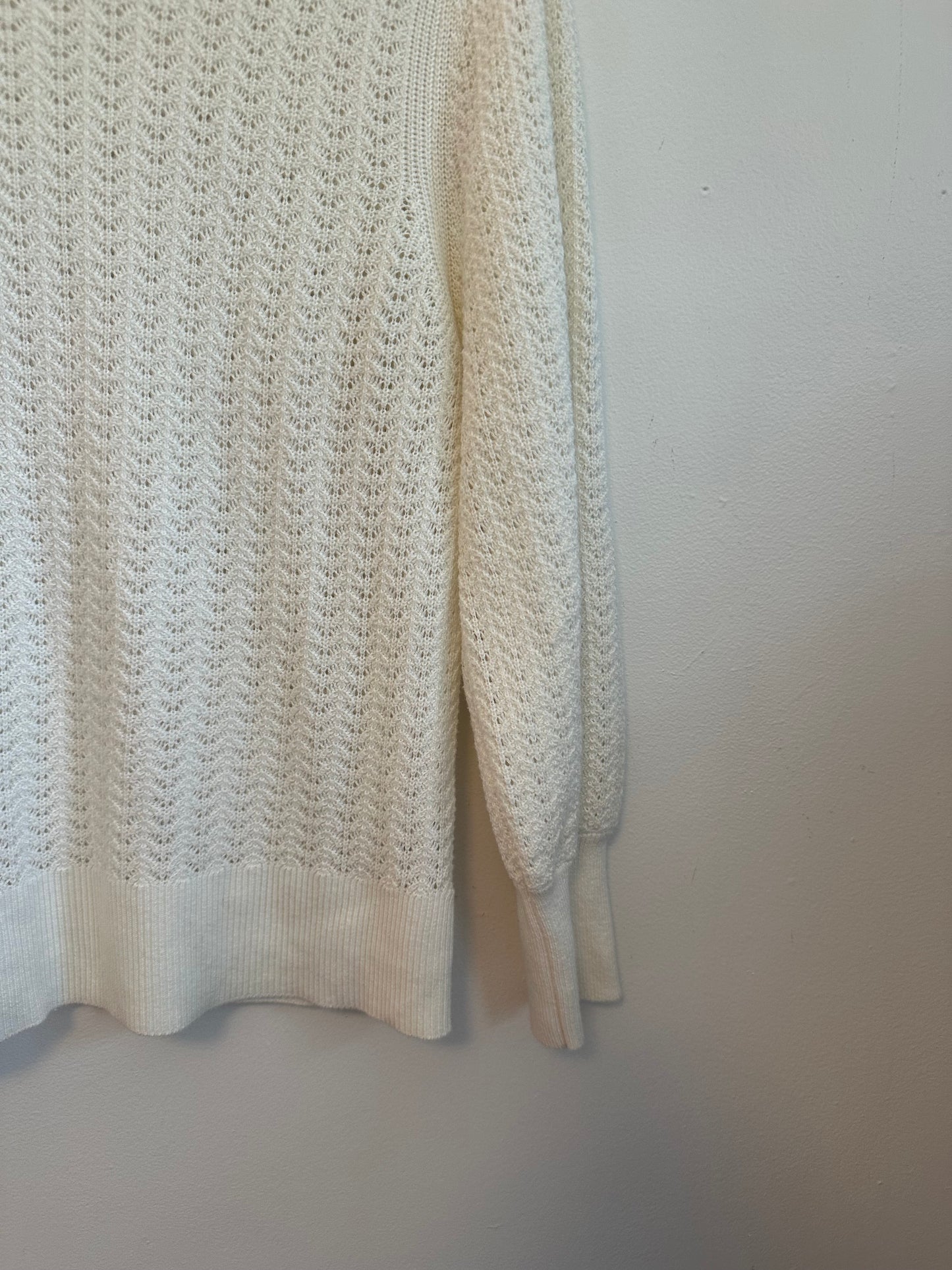 White + Warren Cream Pointelle Knit Cotton Blend Puff Sleeve Sweater | Size Medium