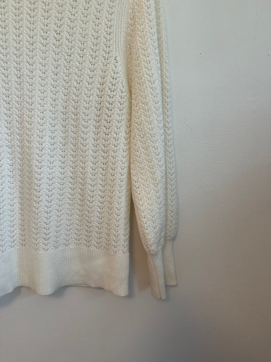 White + Warren Cream Pointelle Knit Cotton Blend Puff Sleeve Sweater | Size Medium