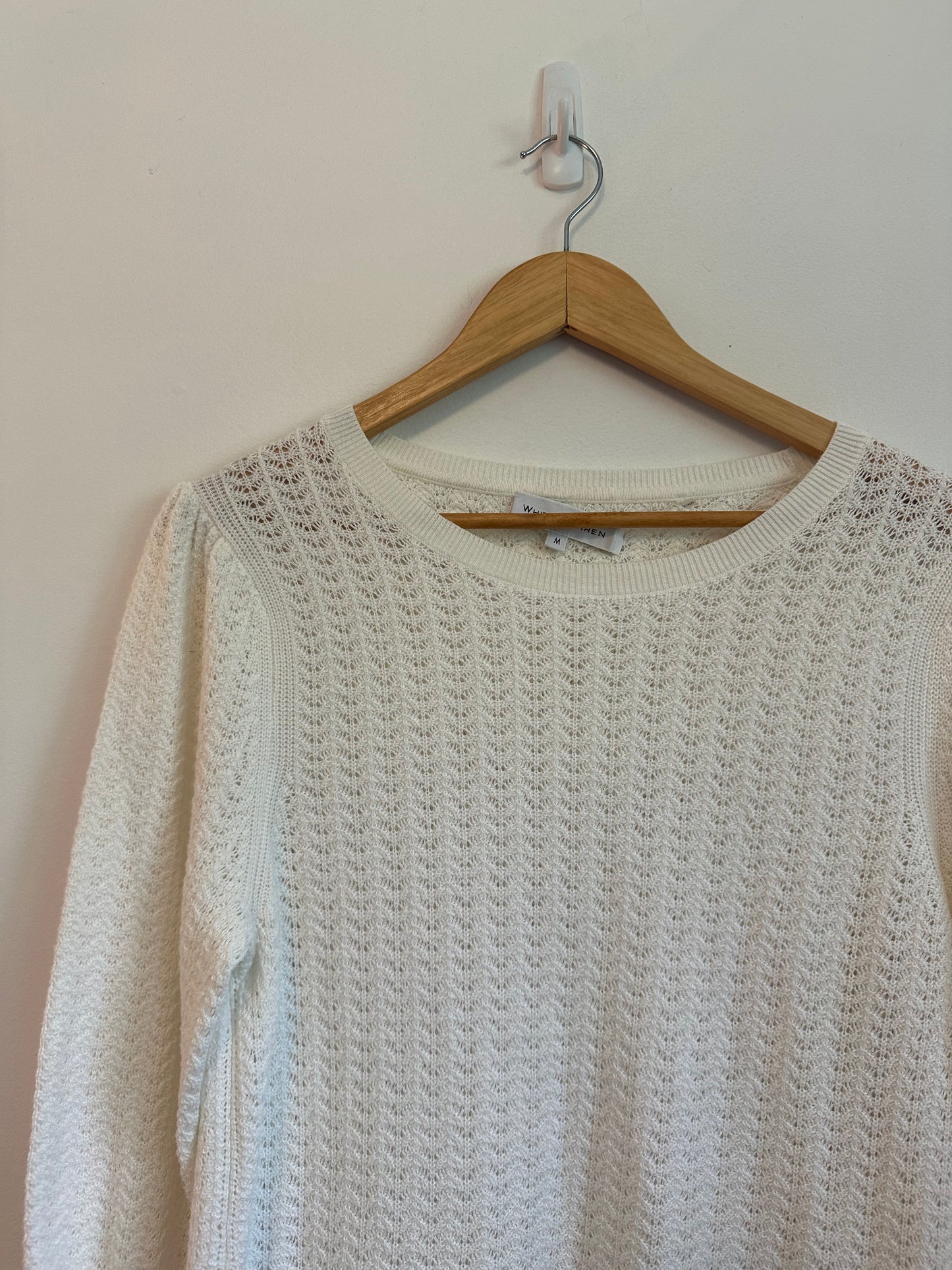 White + Warren Cream Pointelle Knit Cotton Blend Puff Sleeve Sweater | Size Medium