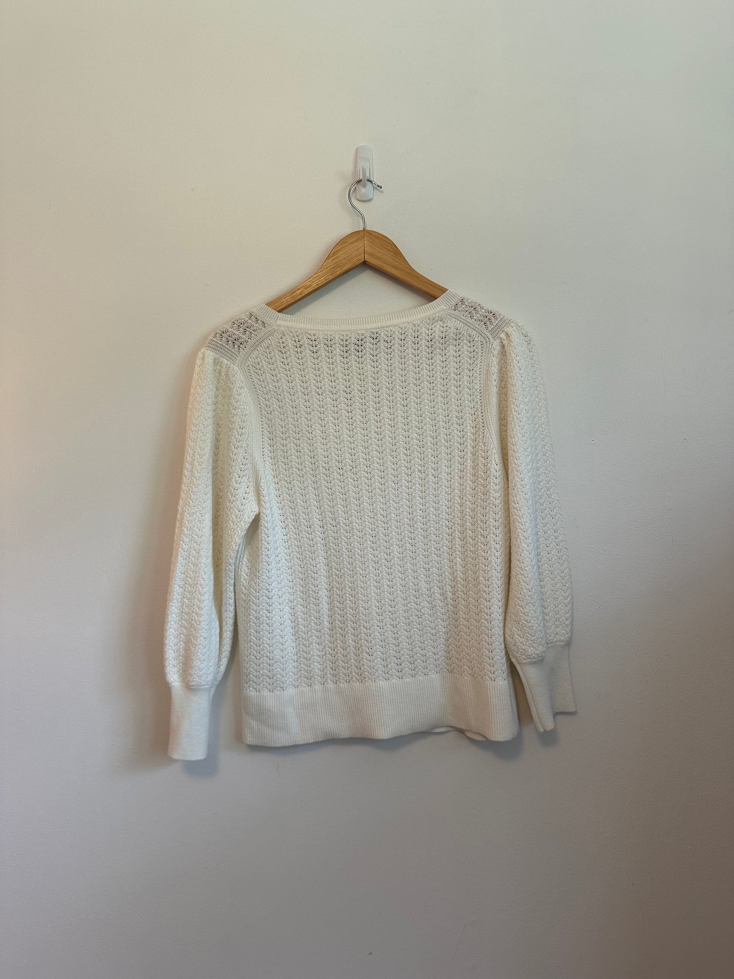 White + Warren Cream Pointelle Knit Cotton Blend Puff Sleeve Sweater | Size Medium