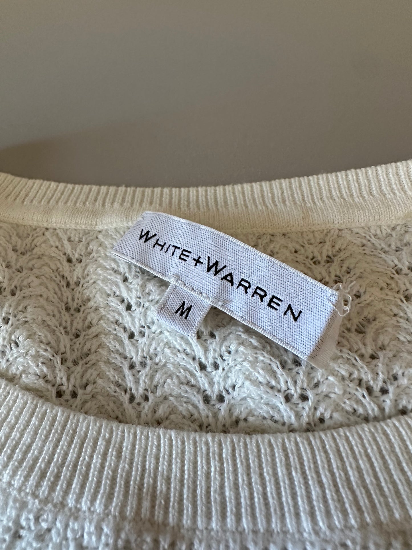 White + Warren Cream Pointelle Knit Cotton Blend Puff Sleeve Sweater | Size Medium