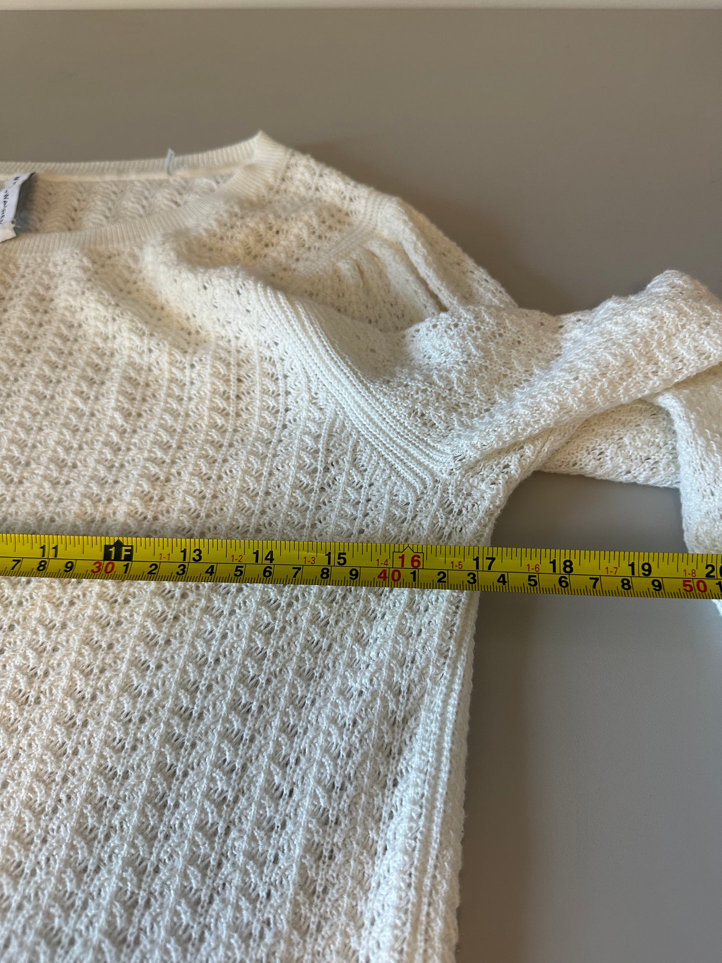 White + Warren Cream Pointelle Knit Cotton Blend Puff Sleeve Sweater | Size Medium