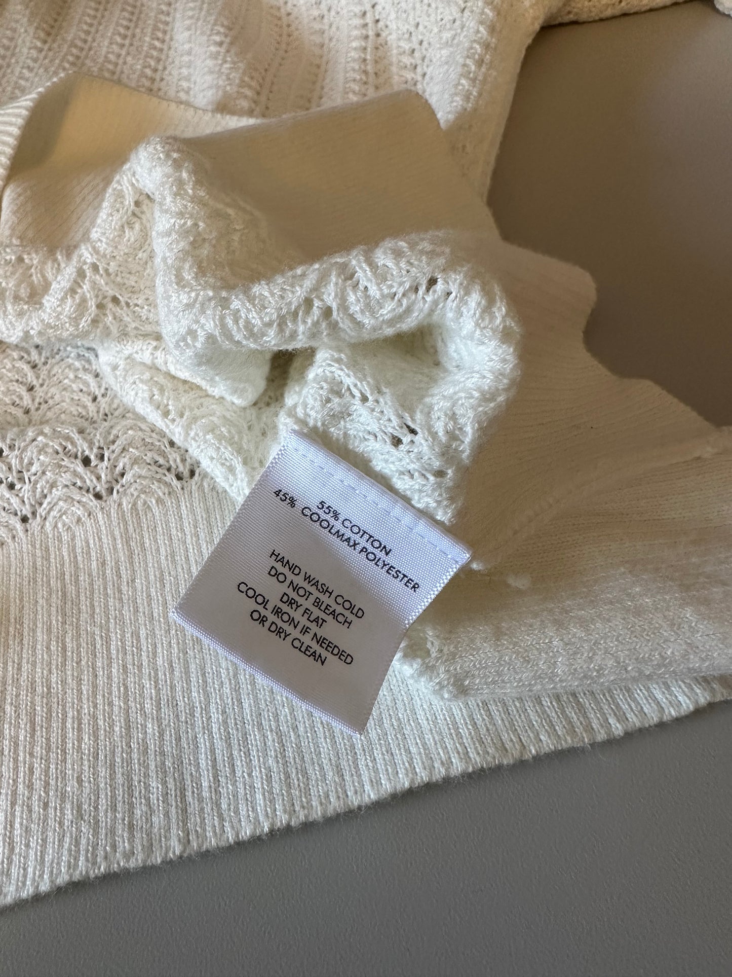 White + Warren Cream Pointelle Knit Cotton Blend Puff Sleeve Sweater | Size Medium