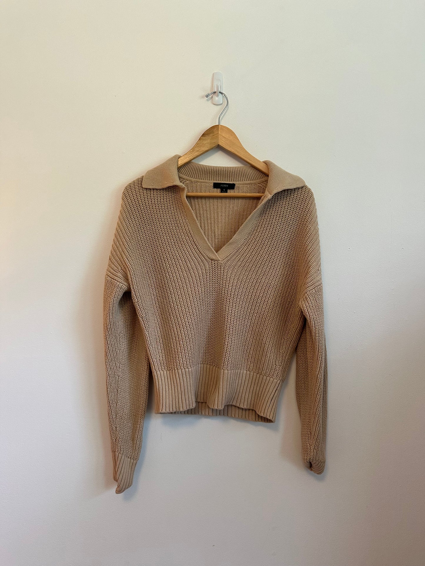 J. Crew Tan Cotton Shaker Stitch Polo V-Neck Sweater | Size Small