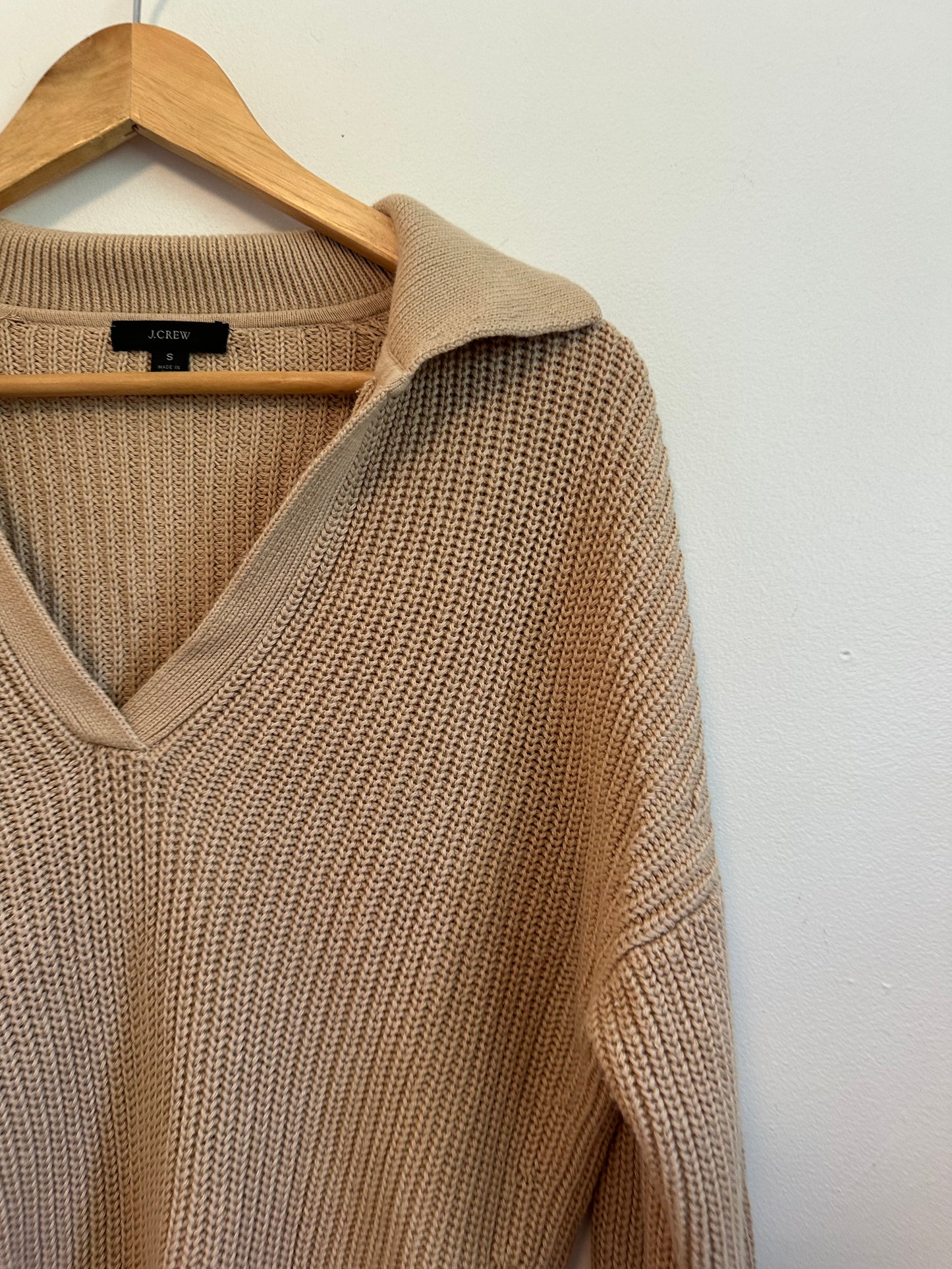 J. Crew Tan Cotton Shaker Stitch Polo V-Neck Sweater | Size Small