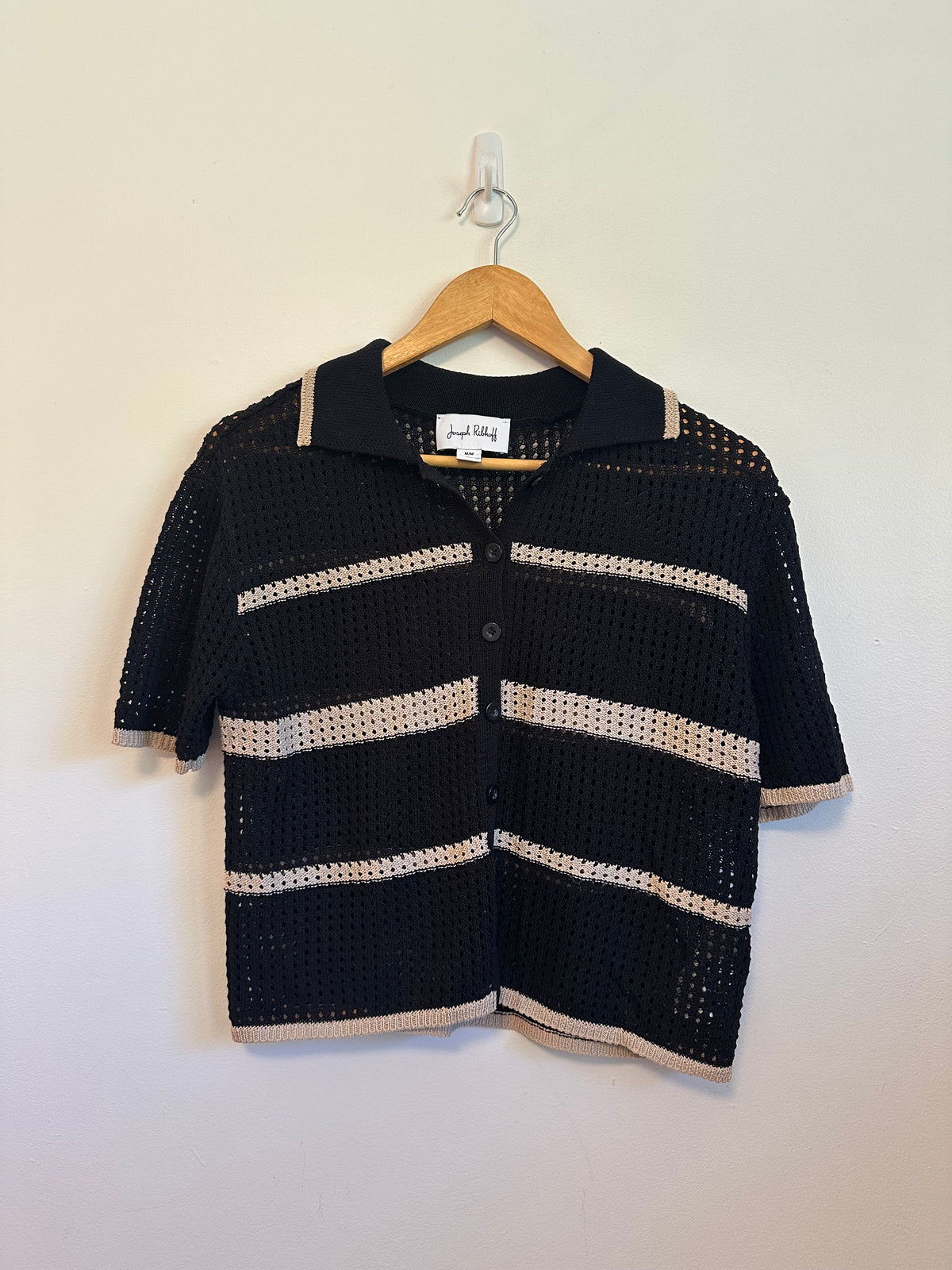 Joseph Ribkoff Black and Beige Striped Crochet Knit Polo | Size Medium