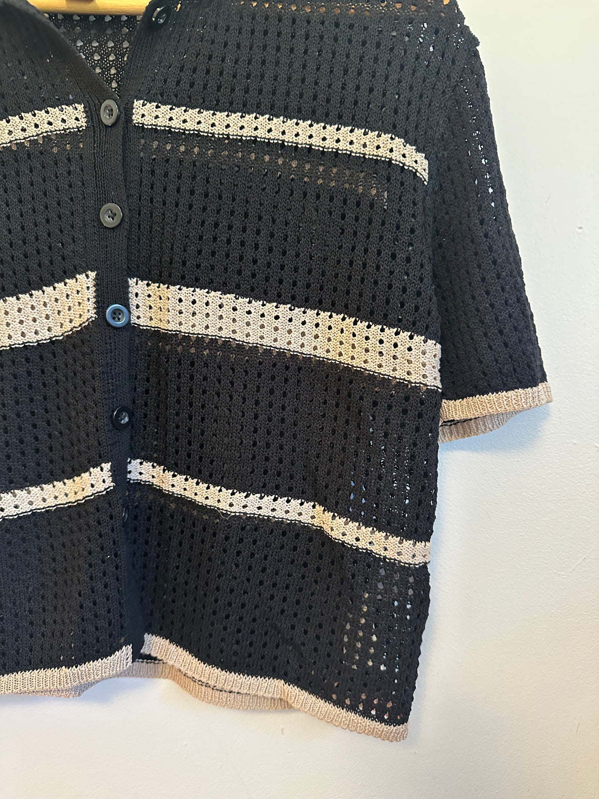 Joseph Ribkoff Black and Beige Striped Crochet Knit Polo | Size Medium