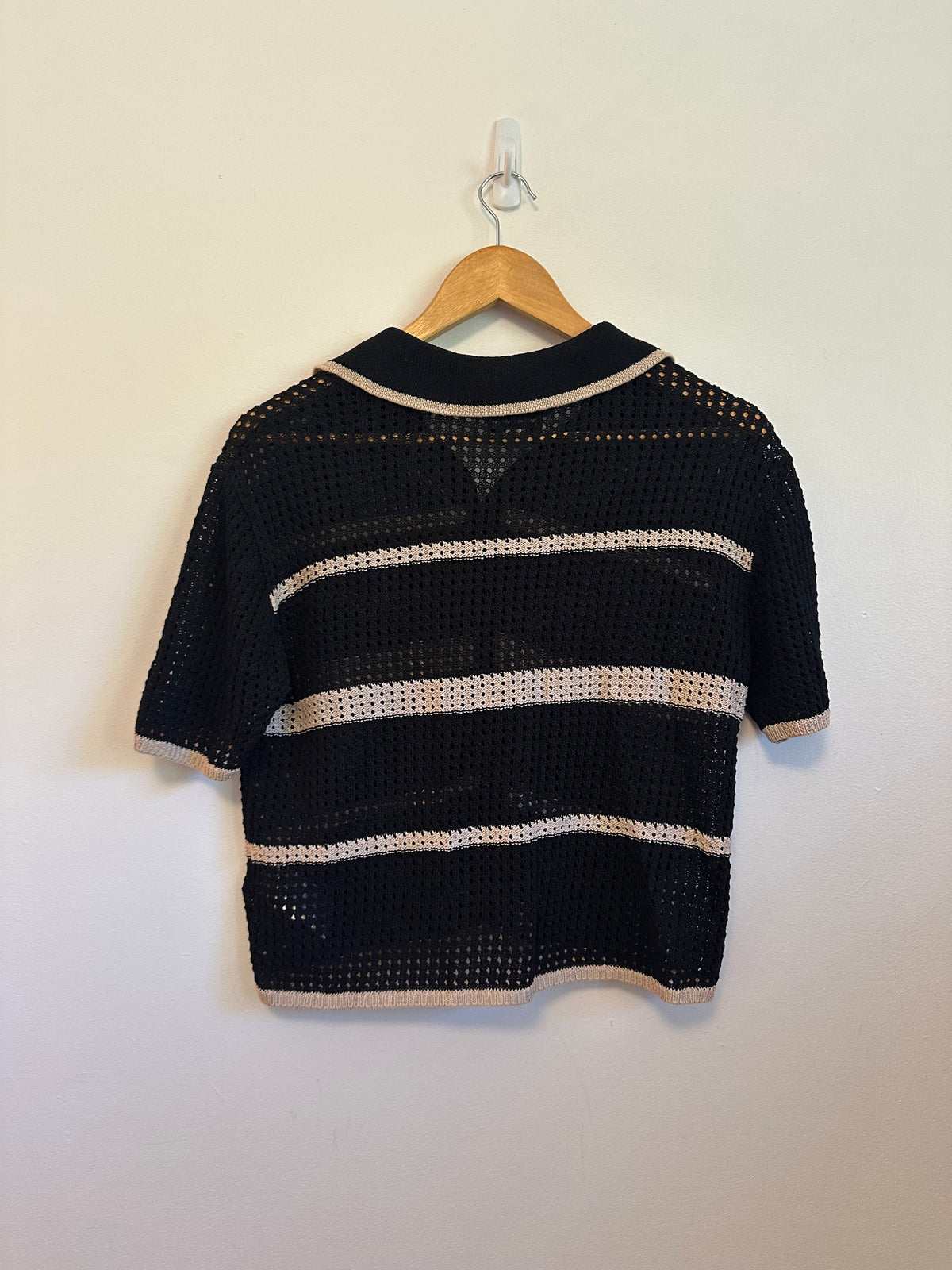 Joseph Ribkoff Black and Beige Striped Crochet Knit Polo | Size Medium