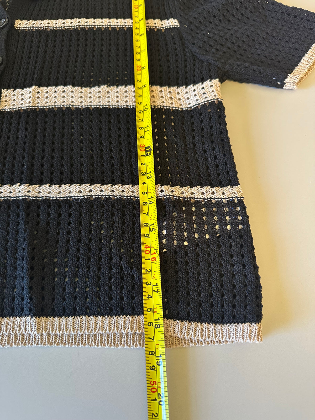 Joseph Ribkoff Black and Beige Striped Crochet Knit Polo | Size Medium