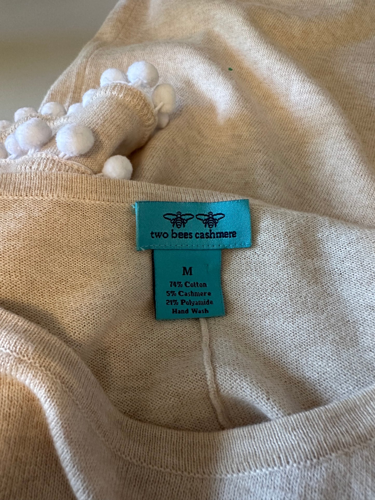 Two Bees Cashmere Oatmeal Beige Pom Pom Short Sleeve Sweater | Size Medium