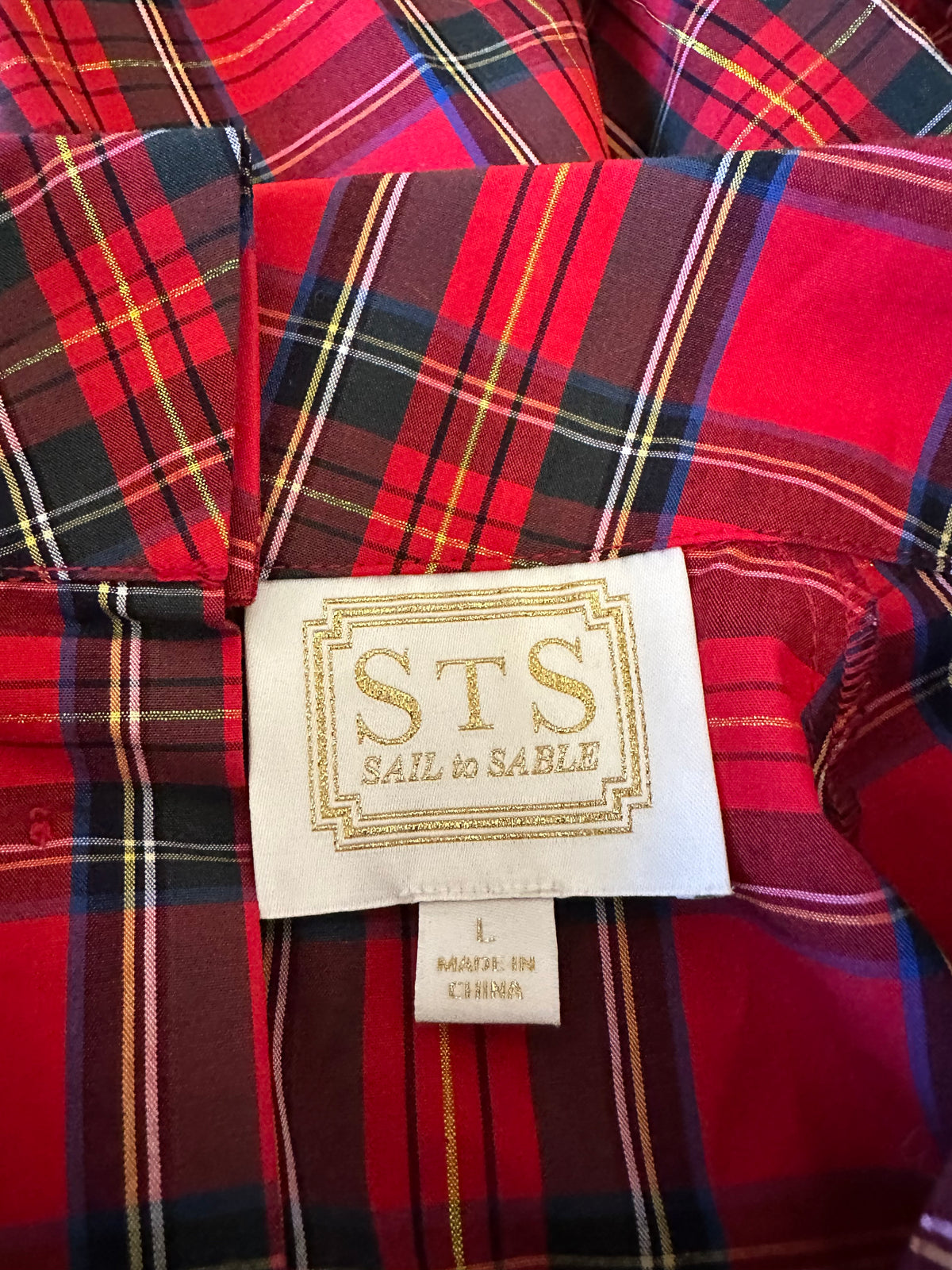 Sail to Sable STS Red Plaid Metallic Gold Button Back Funnel Neck Top | Size Large