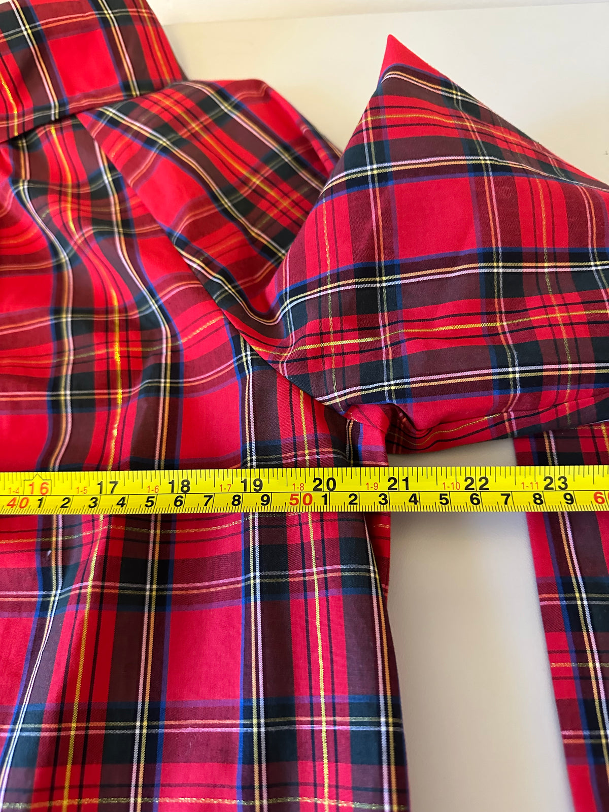Sail to Sable STS Red Plaid Metallic Gold Button Back Funnel Neck Top | Size Large