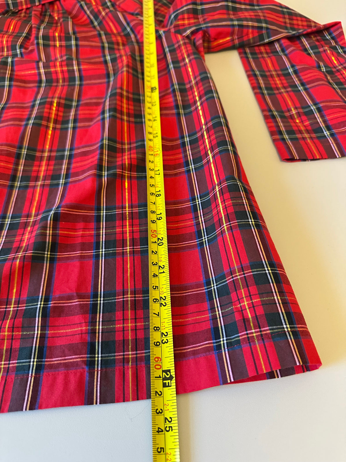 Sail to Sable STS Red Plaid Metallic Gold Button Back Funnel Neck Top | Size Large