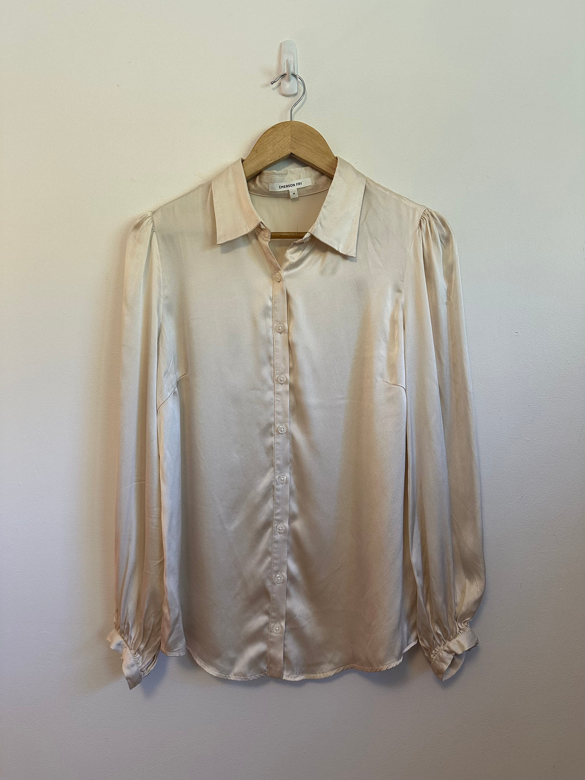 Emerson Fry Champagne Silk Puff Sleeve Button Down Blouse | Size Medium