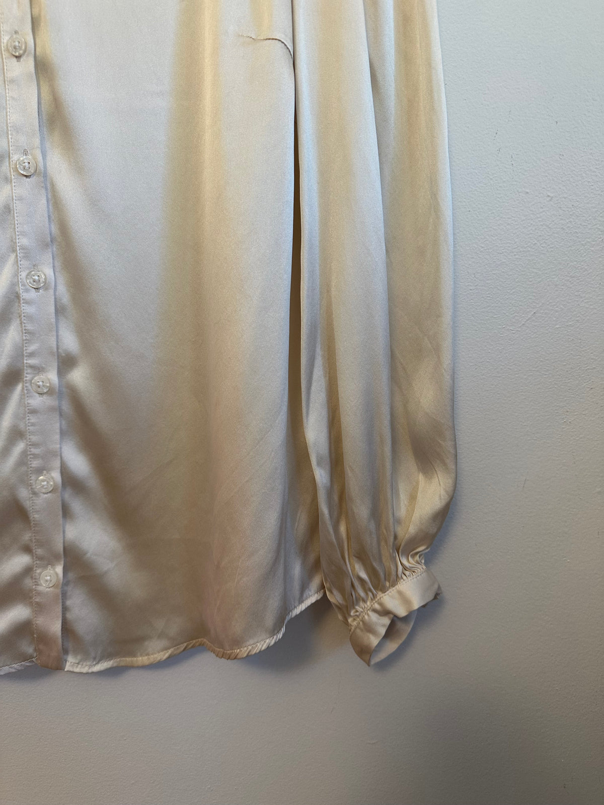 Emerson Fry Champagne Silk Puff Sleeve Button Down Blouse | Size Medium