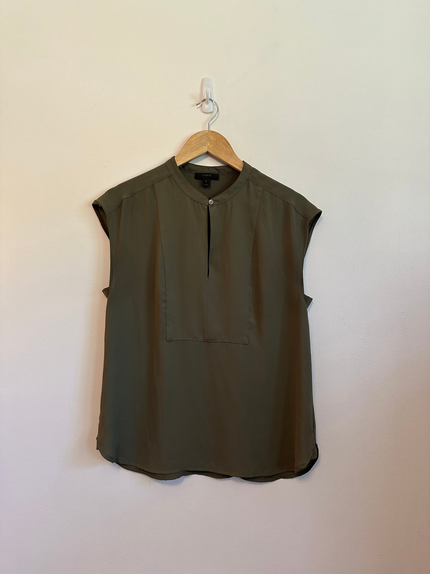 J. Crew Olive Green Sleeveless Band Collar Blouse | Size Small