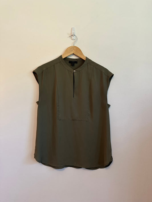 J. Crew Olive Green Sleeveless Band Collar Blouse | Size Small