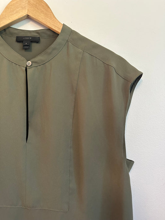 J. Crew Olive Green Sleeveless Band Collar Blouse | Size Small