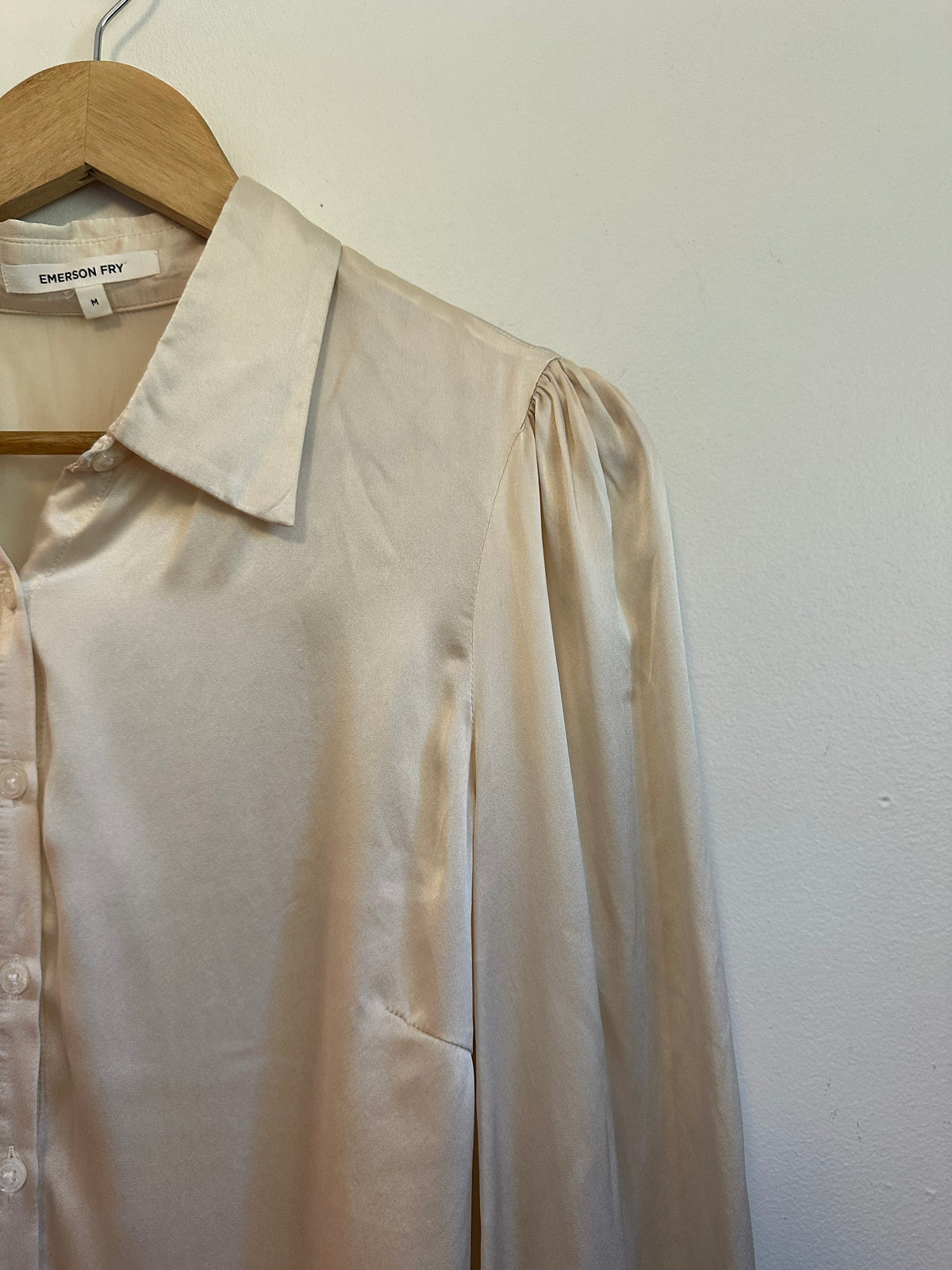 Emerson Fry Champagne Silk Puff Sleeve Button Down Blouse | Size Medium