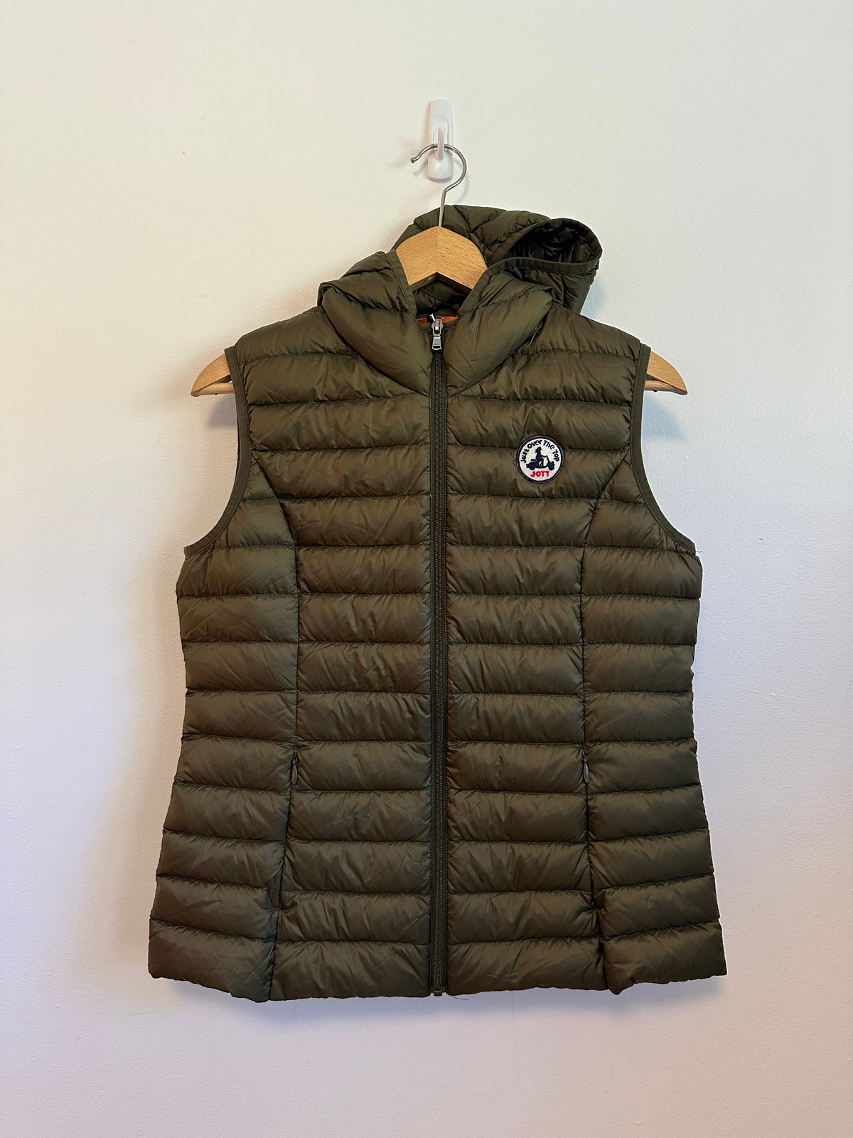 JOTT Just Over The Top Hooded Puffer Vest in Olive Green | Size Small