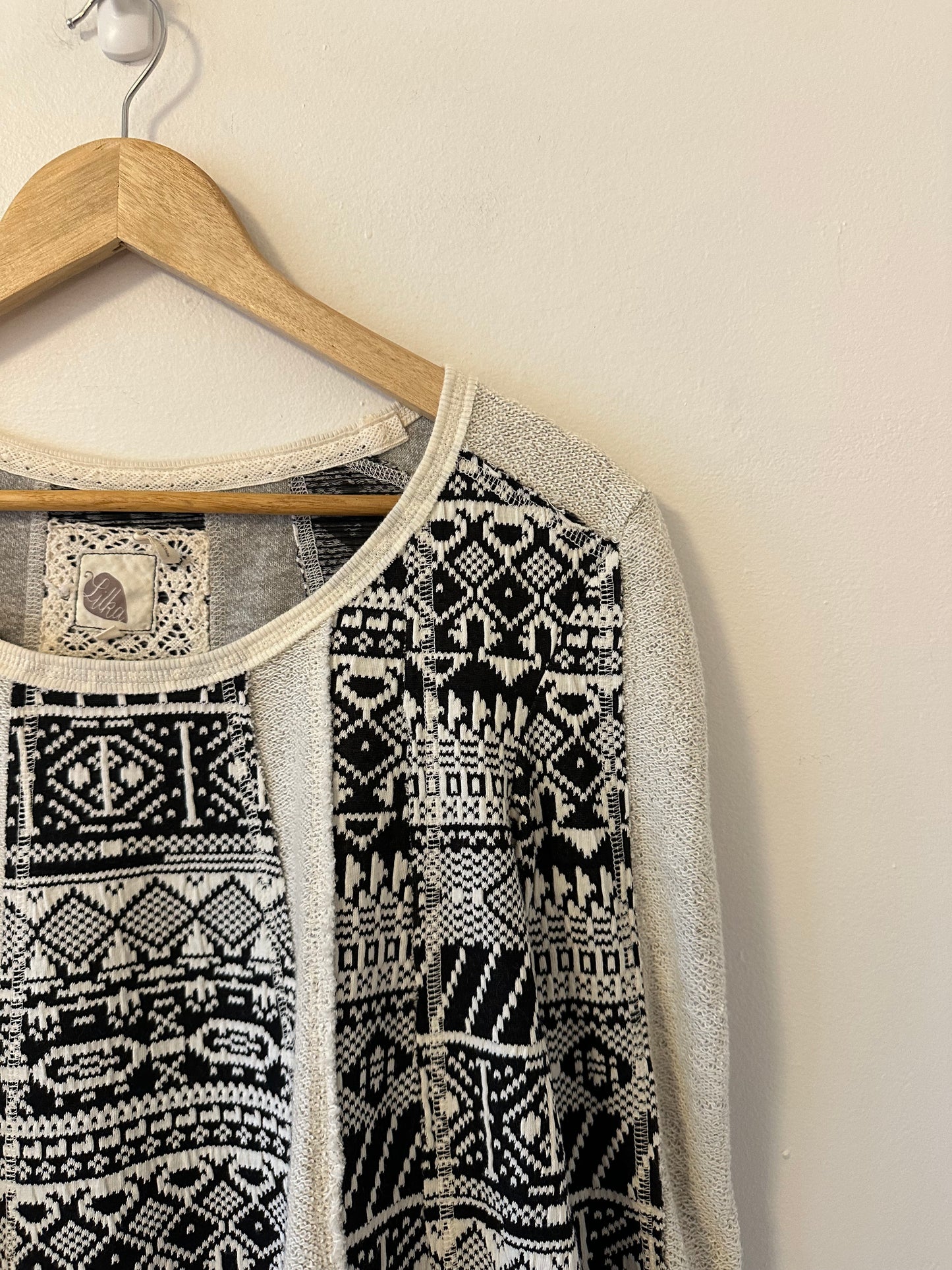 Anthropologie Lilka Knit Black and Cream Geometric Pattern Sweater | Size Small
