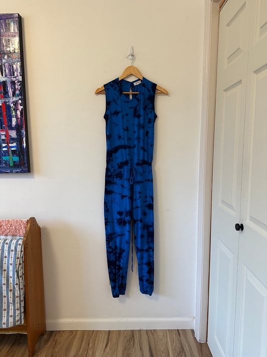Goldie Pima Cotton Tie Dye Blue Sleeveless Tie Waist Jumpsuit | Size XS