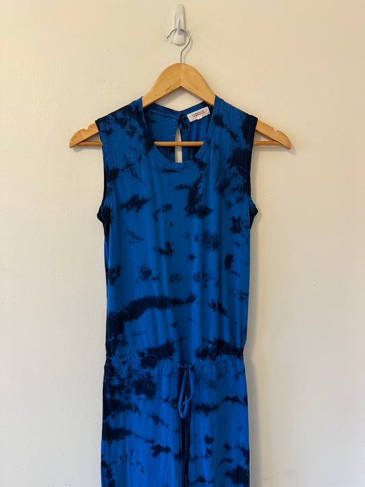 Goldie Pima Cotton Tie Dye Blue Sleeveless Tie Waist Jumpsuit | Size XS